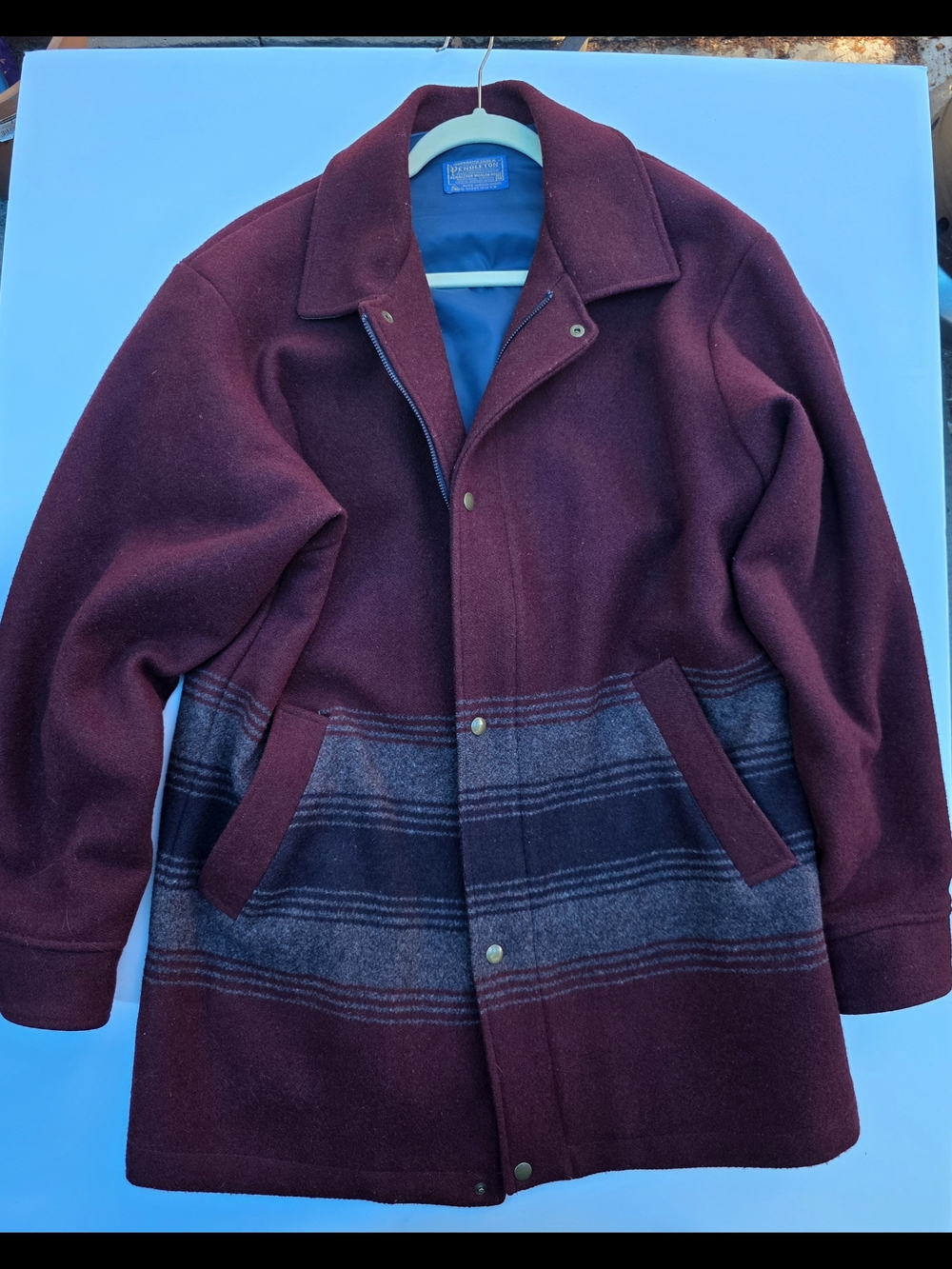 Pendleton Burgundy Wool Peacoat with Gray Plaid Band